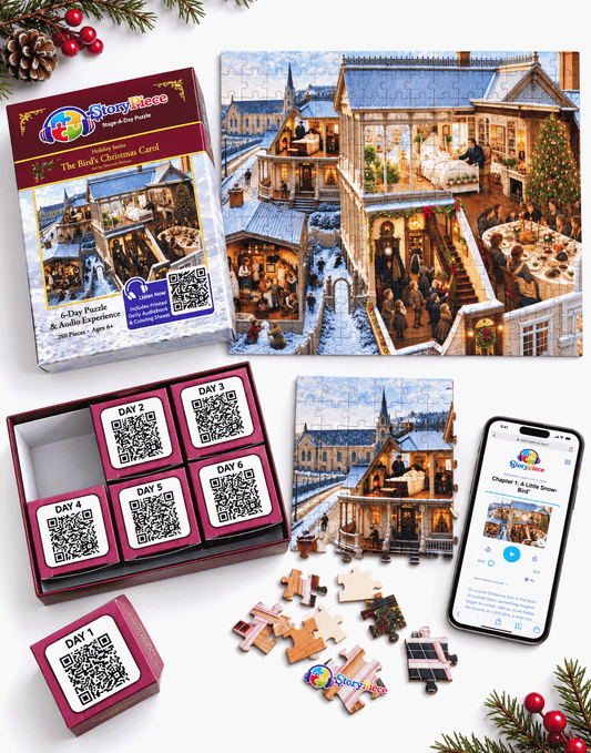 The Birds’ Christmas Carol audio-story jigsaw puzzle: the box, six numbered daily boxes, the finished puzzle, loose pieces and the companion audio on a phone
