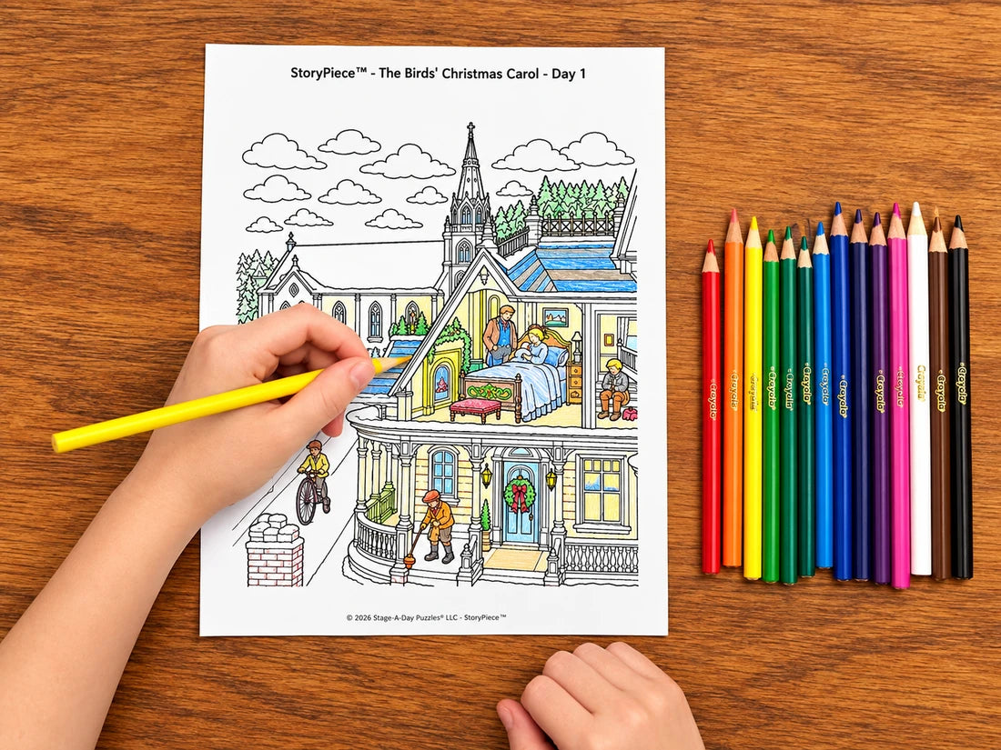 A child coloring The Birds' Christmas Carol Day 1 companion coloring sheet with colored pencils, page 20 of 21