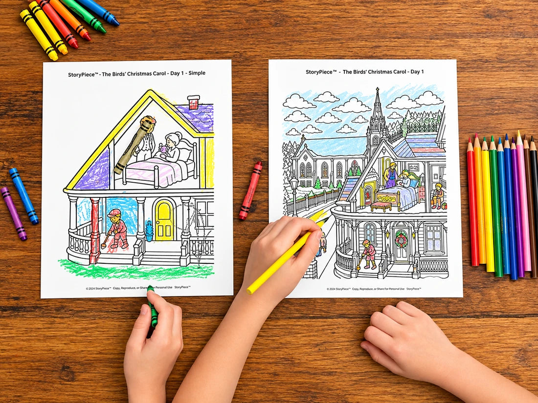 Standard and simple versions of The Birds' Christmas Carol Day 1 companion coloring sheet side by side, page 21 of 21