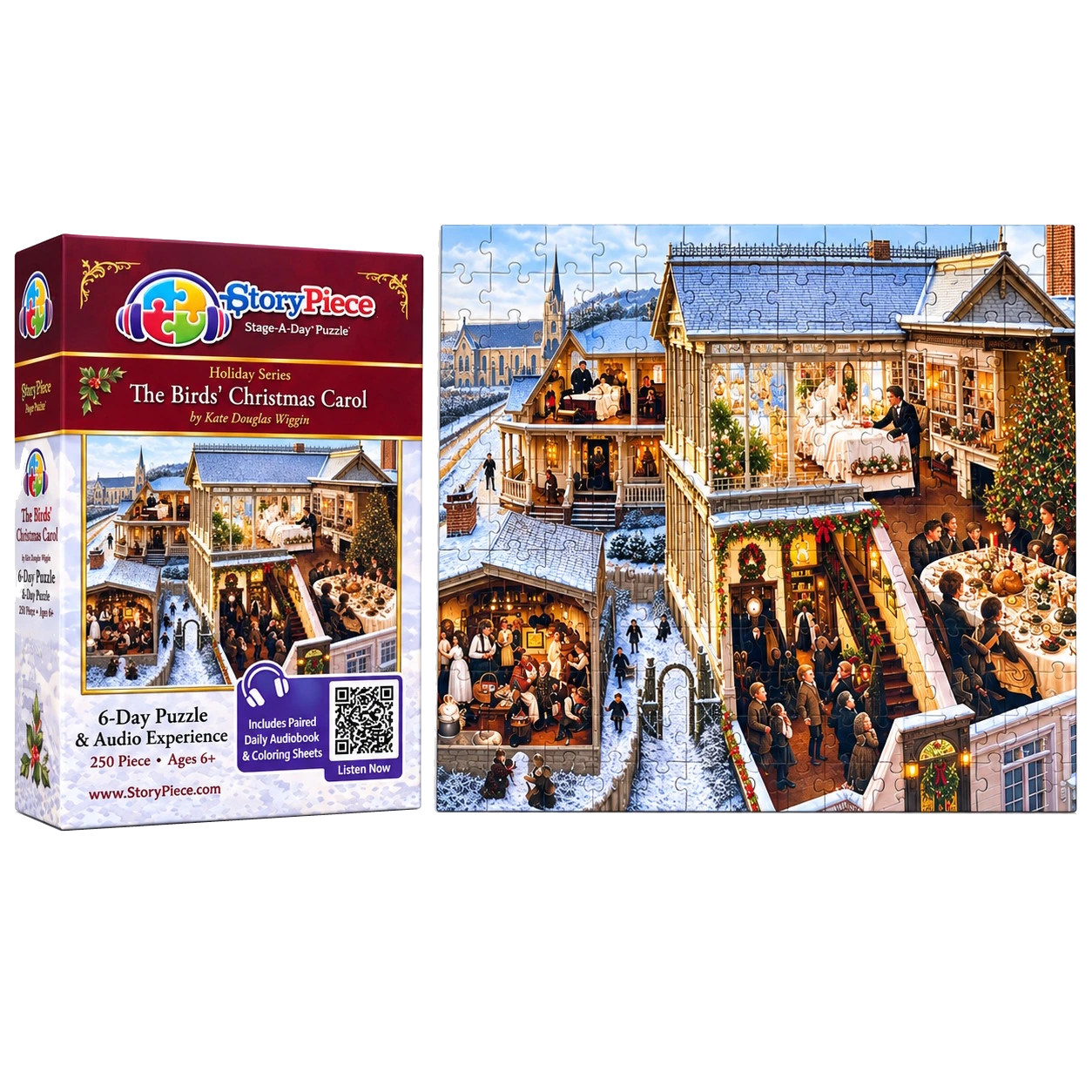 The Birds’ Christmas Carol StoryPiece puzzle box beside the completed puzzle
