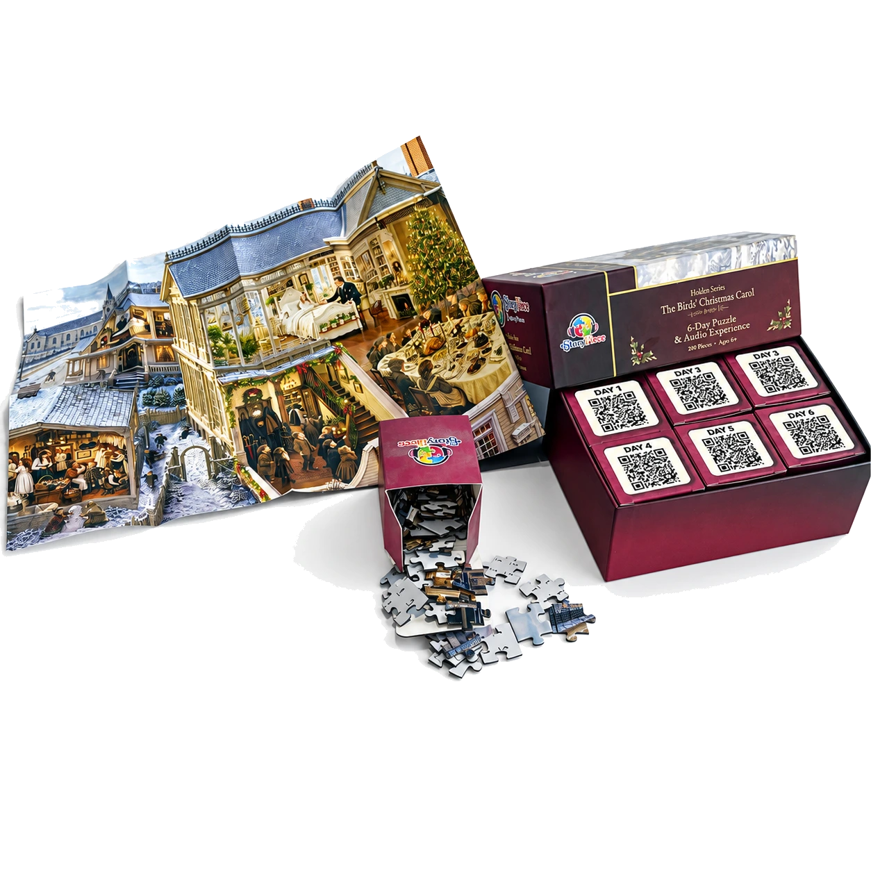 Inside The Birds’ Christmas Carol StoryPiece box: the fold-out artwork poster, six numbered daily boxes, and puzzle pieces