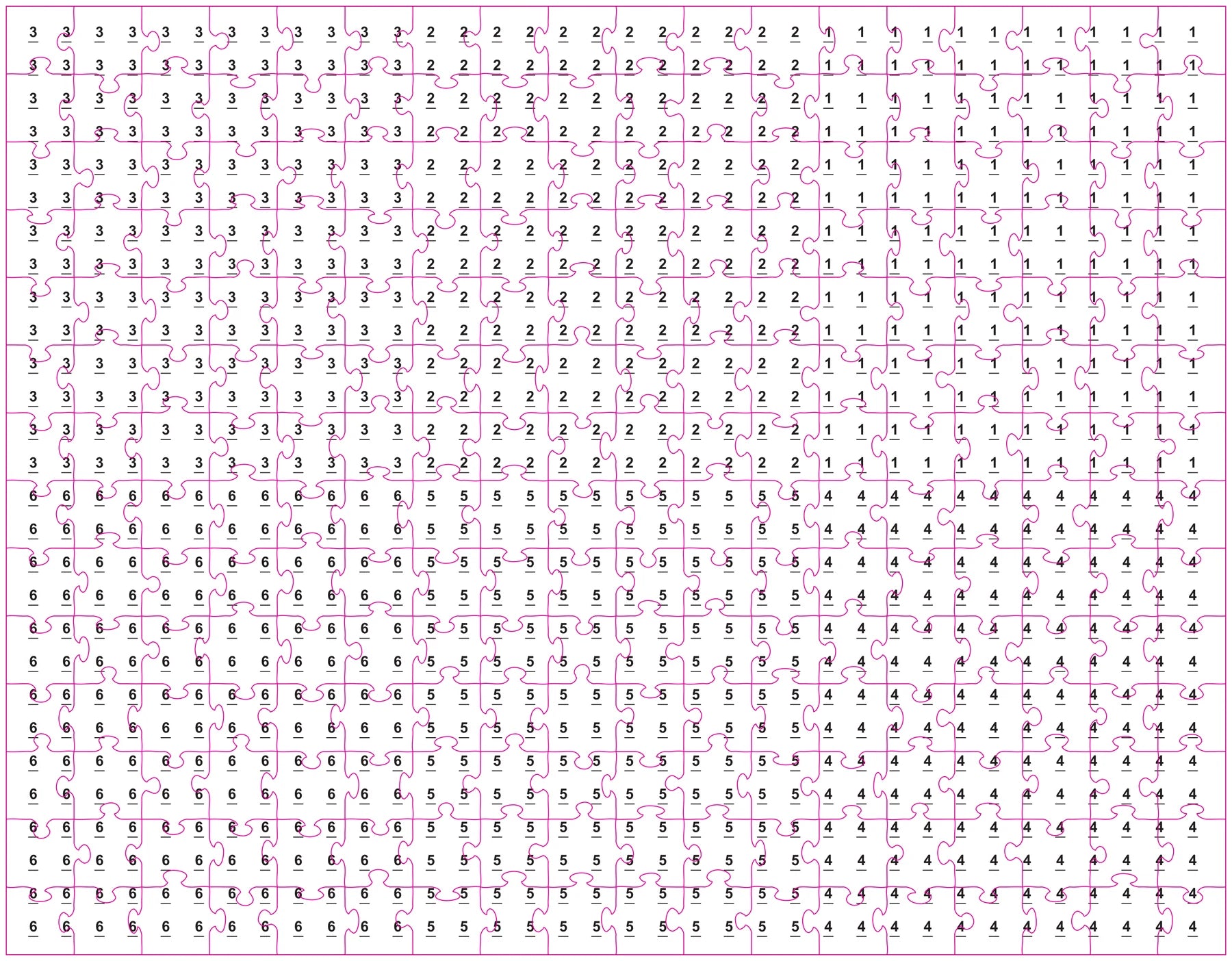 Production puzzle-back layout showing day numbers 1 through 6 printed on every piece