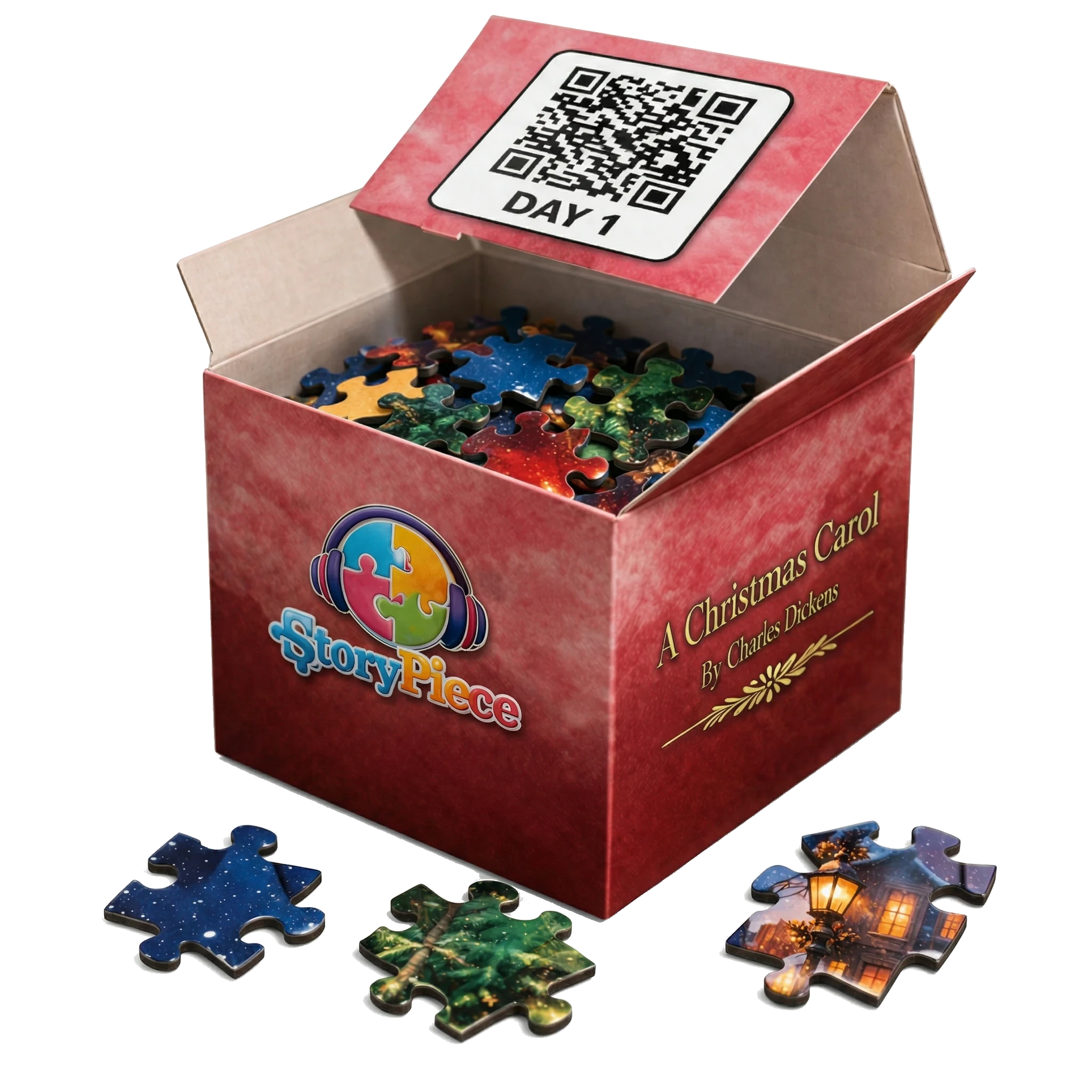 Open StoryPiece daily box with puzzle pieces and a QR code