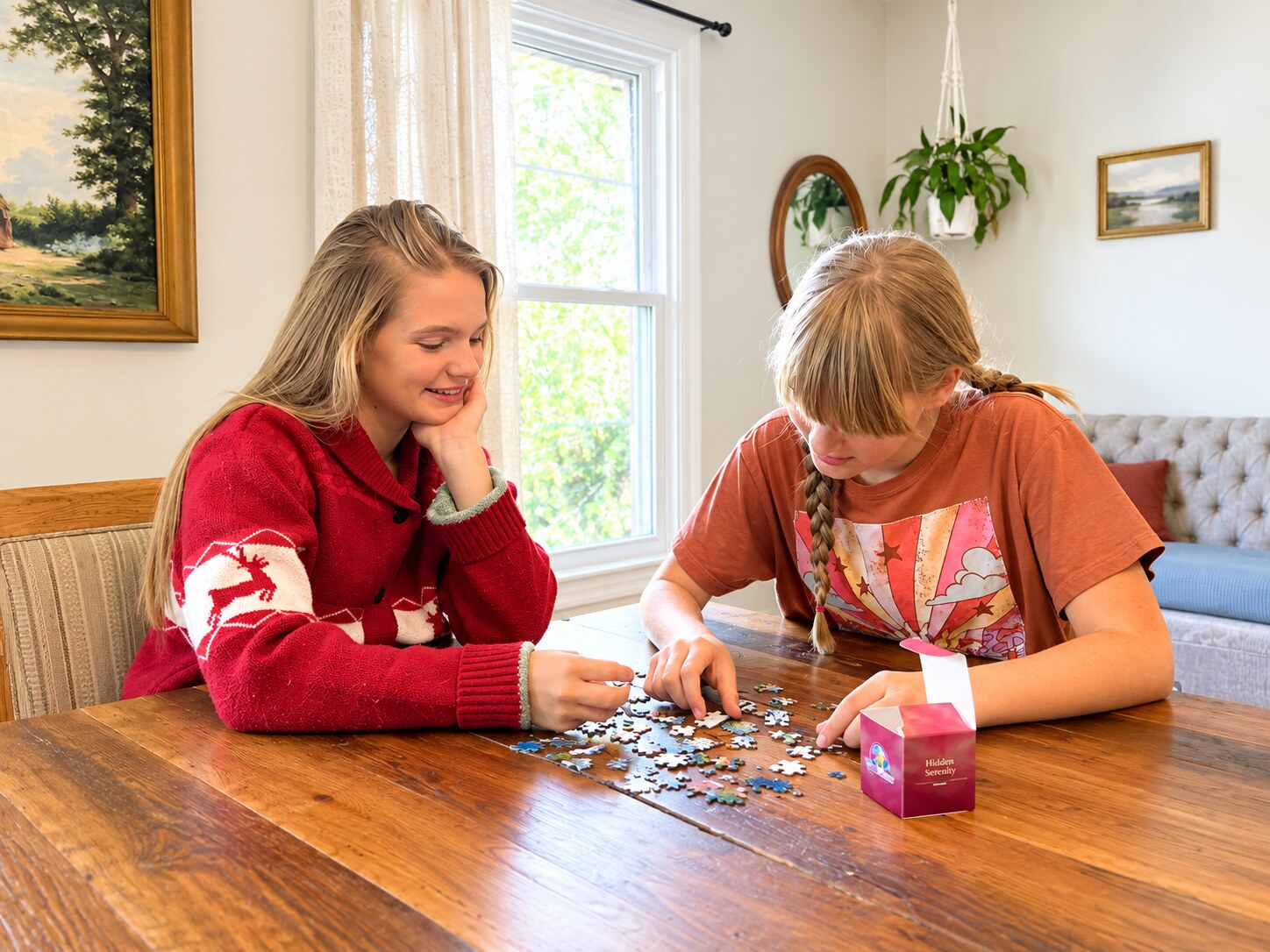 Family members building a StoryPiece puzzle together at home