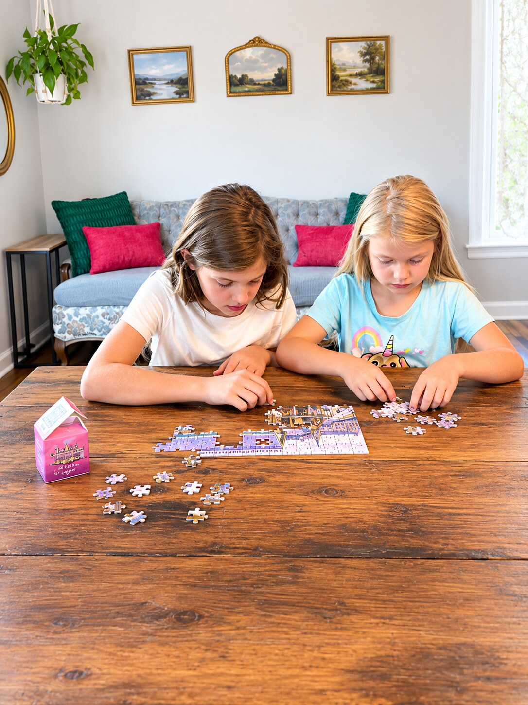 Two children building a StoryPiece puzzle together at home