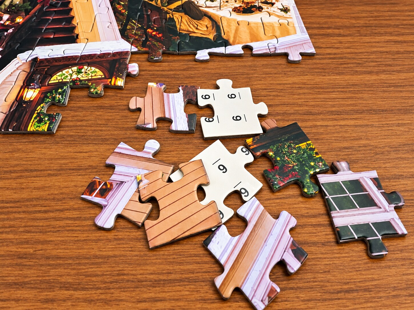 Close-up of StoryPiece puzzle pieces with a numbered piece back